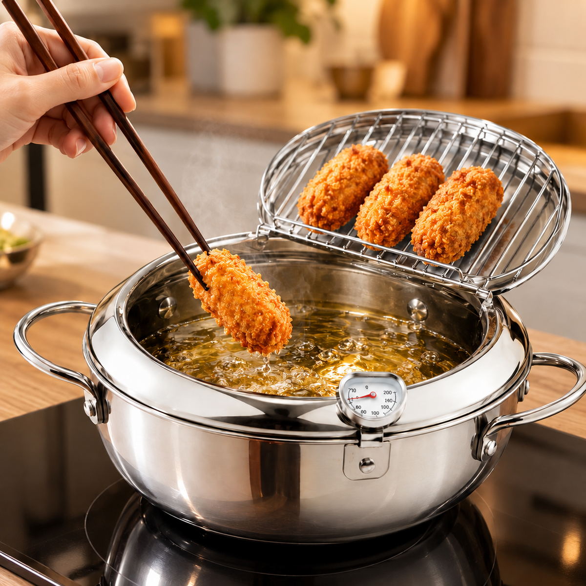 Stainless Steel  Tempura Deep Fryer Pot with Built-In Thermometer