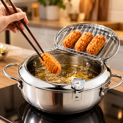 Stainless Steel  Tempura Deep Fryer Pot with Built-In Thermometer