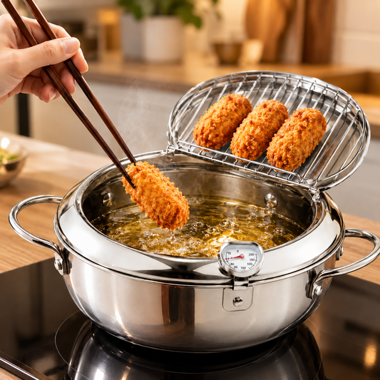 Stainless Steel  Tempura Deep Fryer Pot with Built-In Thermometer