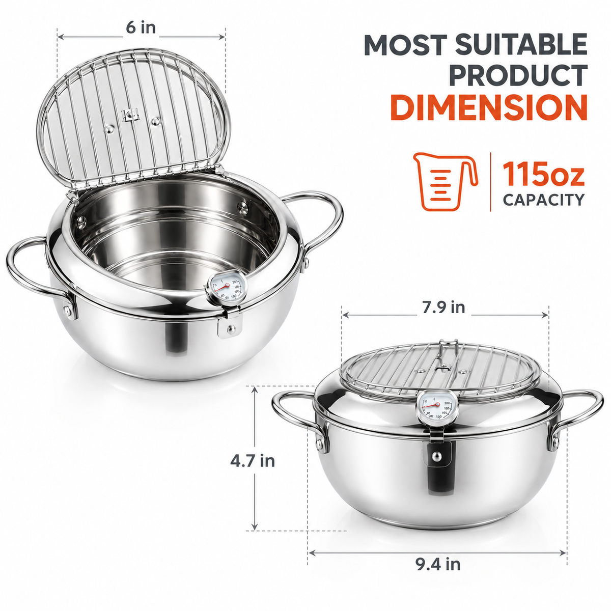 Stainless Steel  Tempura Deep Fryer Pot with Built-In Thermometer