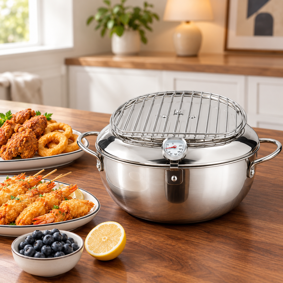 Stainless Steel  Tempura Deep Fryer Pot with Built-In Thermometer