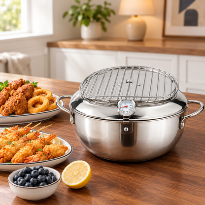 Stainless Steel  Tempura Deep Fryer Pot with Built-In Thermometer