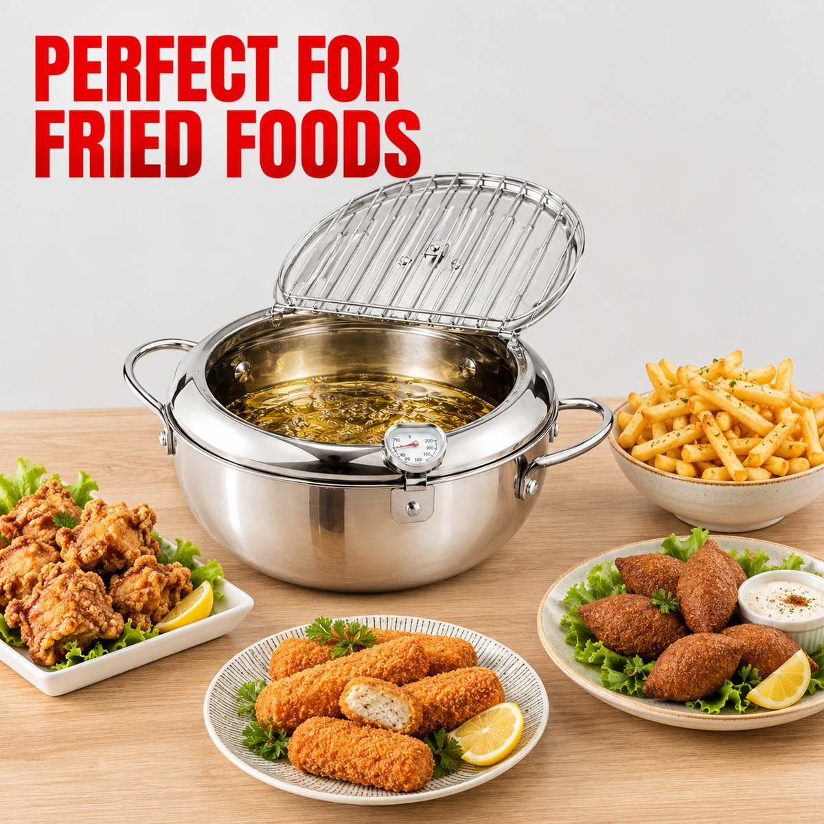 Stainless Steel  Tempura Deep Fryer Pot with Built-In Thermometer