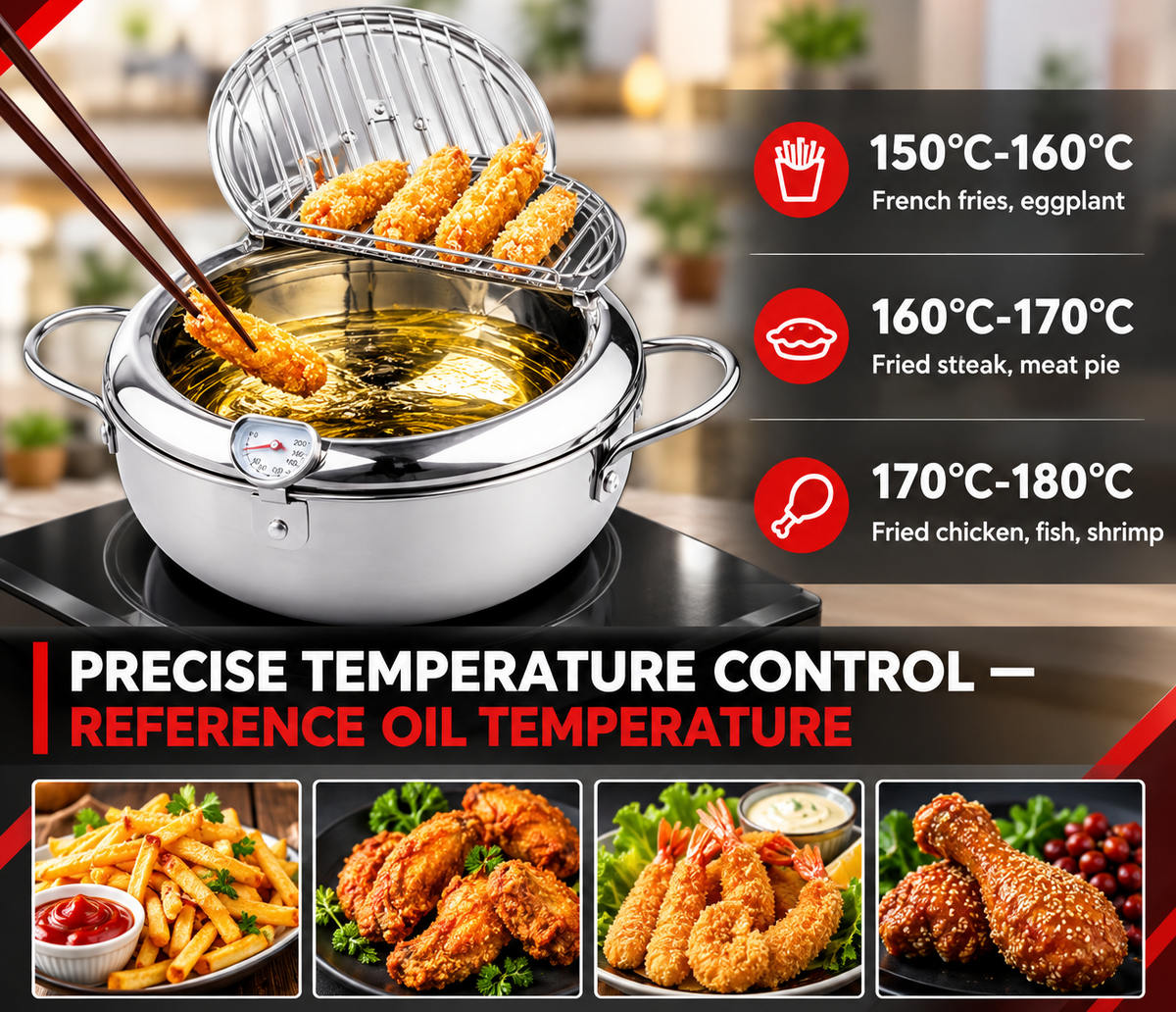 Stainless Steel  Tempura Deep Fryer Pot with Built-In Thermometer