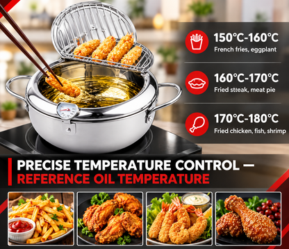Stainless Steel  Tempura Deep Fryer Pot with Built-In Thermometer