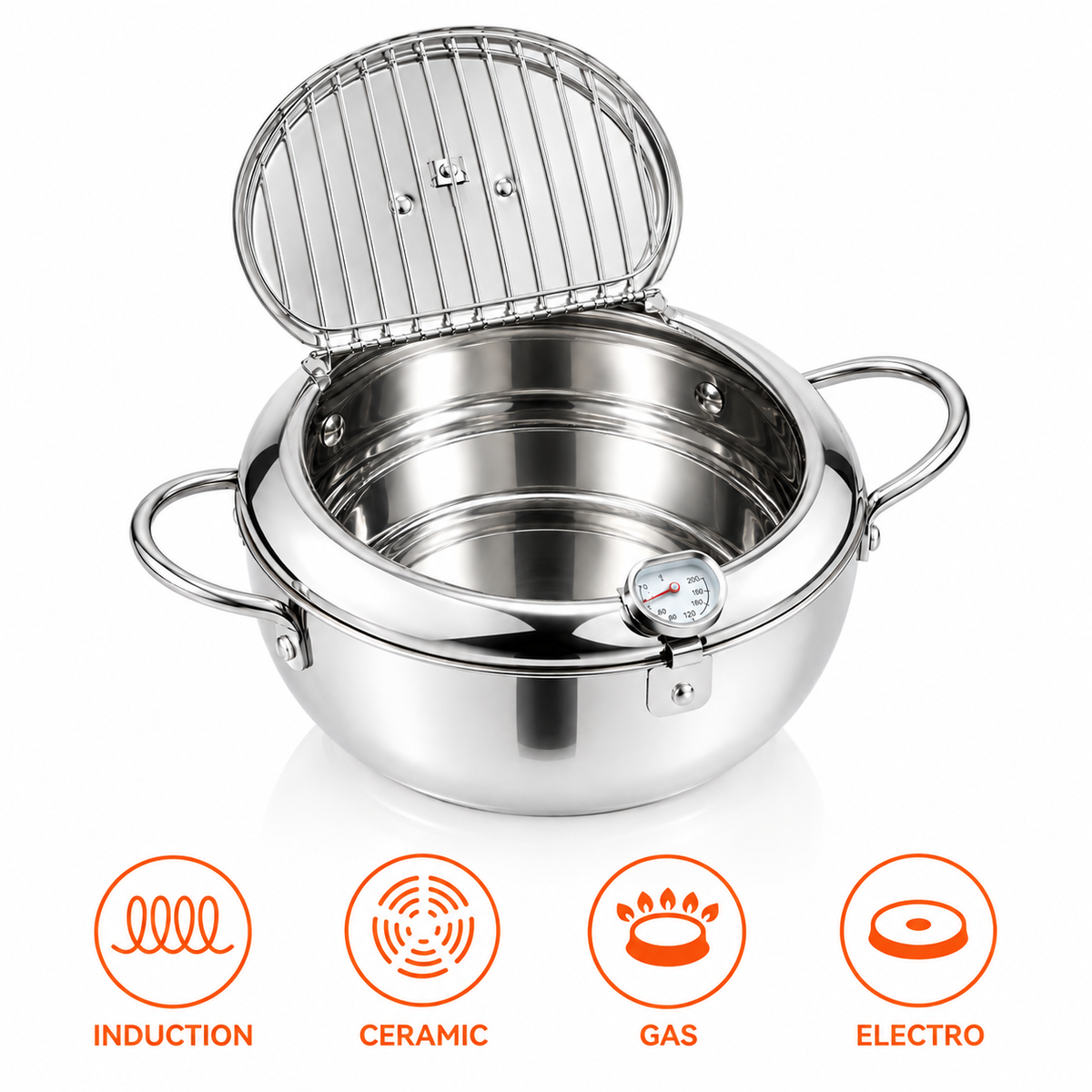 Stainless Steel  Tempura Deep Fryer Pot with Built-In Thermometer
